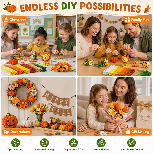 Libima 3800 Pcs Pipe Cleaners Bulk 10 Colors 12" Fall Pipe Cleaners Craft Set Chenille Stems Flower Kit 6mm Colorful Thanksgiving Day Autumn Gift Fuzzy Sticks Party Supply for DIY Art (Natural) - Image 3