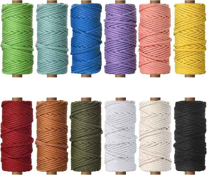 5mm x 396 Yards Macrame Cord - 12 Colors Natural Colored Macrame Cotton Cord Rope Kit - 4 Strand Twisted Cotton Rope for Wall Hanging，DIY Craft Making，Plant Hangers，Knotting Decorative Projects by FocusoncottonHdviai