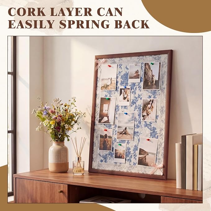 Leinuosen 17" x 23" Linen Cork Board for Walls Decorative Blue Rose Cork Boards Wood Framed Bulletin Boards, Picture Display Vision Pin Corkboards for Farmhouse Home Room Office Cottagecore Decor - Image 4