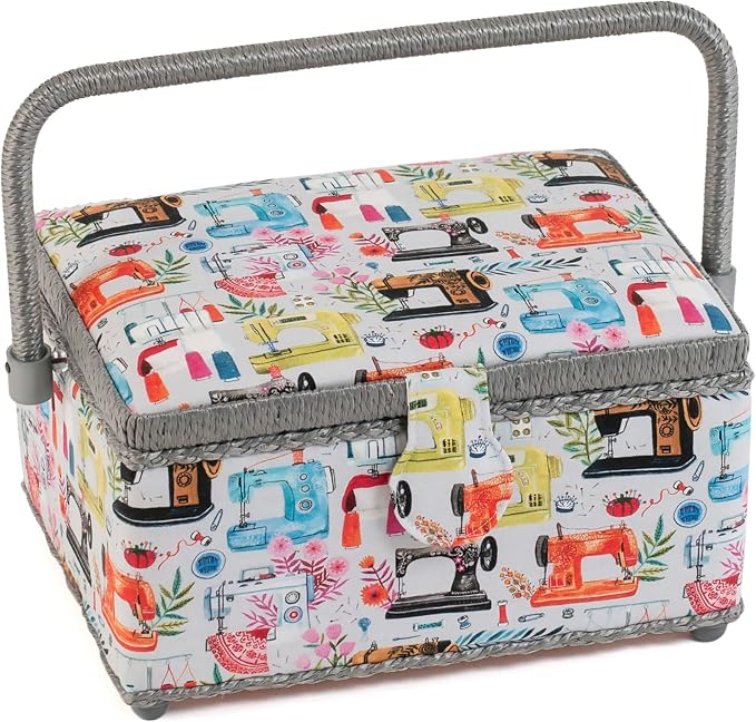 Hobby Gift Medium Sewing Box Organiser, Fabric Covered Storage Box with Handle, Internal Tray, Pin Cushion and Pocket for Sewing, Quilting and Knitting Supplies by HobbyGift