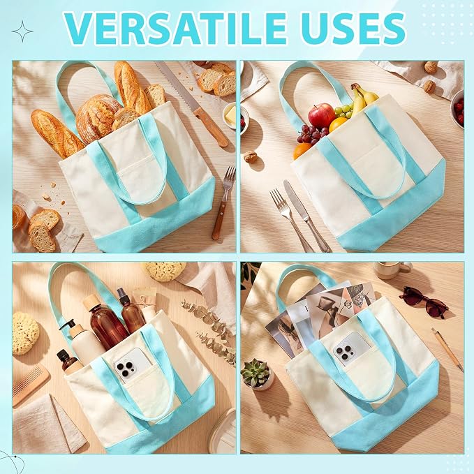 Sanwuta 12 Pcs Mini Canvas Tote Bags Bulk with Pocket Small Sublimation Blank Canvas Tote Reusable Grocery Bag for Women, DIY Craft (Light Blue) - Image 6