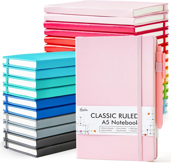 feela 24 Pack Journal Notebook Bulk for Work, Business Notebook Hardcover Lined Writing Journal with Pen Holder for Students Women Note Taking, with 24 Black Pens, 120 GSM, 5.1”x8.3”, A5, Solid Colors by feela