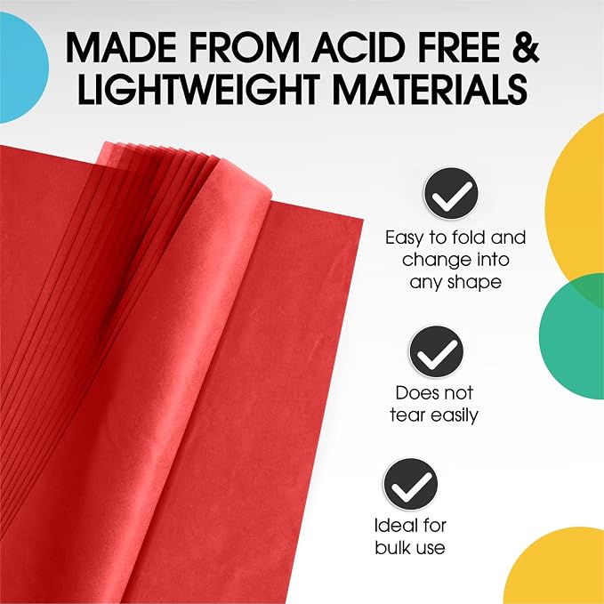 Party Solids Red Tissue Paper for Gift Bags - 20" X 30" Bulk Tissue Paper Red 480 Sheets - 10lb Newsprint for Packing, Birthday Gift Box Filler, Packing Supplies for Moving Supplies - Image 3
