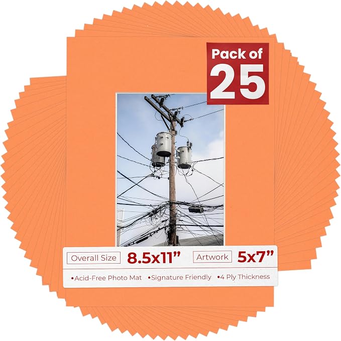 5x7 Mat for 8.5x11 Frame - Precut Mat Board Acid-Free Show Kit with Backing Board, and Clear Bags Orange 5x7 Photo Matte Made to Fit a 8.5x11 Picture Frame Matboard for Framing, Pack of 25 Mats by PosterPalooza