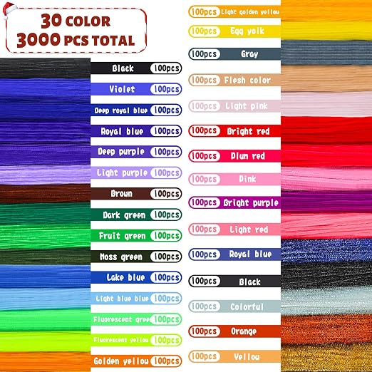Veroave Pipe Cleaners, Pipe Cleaners Crafts, 3000 PCS 30 Colors | Bulk Pipe Cleaners for Crafts, Chenille Stems for Crafts, Flower Bouquets, Graduation Bouquet Crafts, Holiday Decorations - Image 2