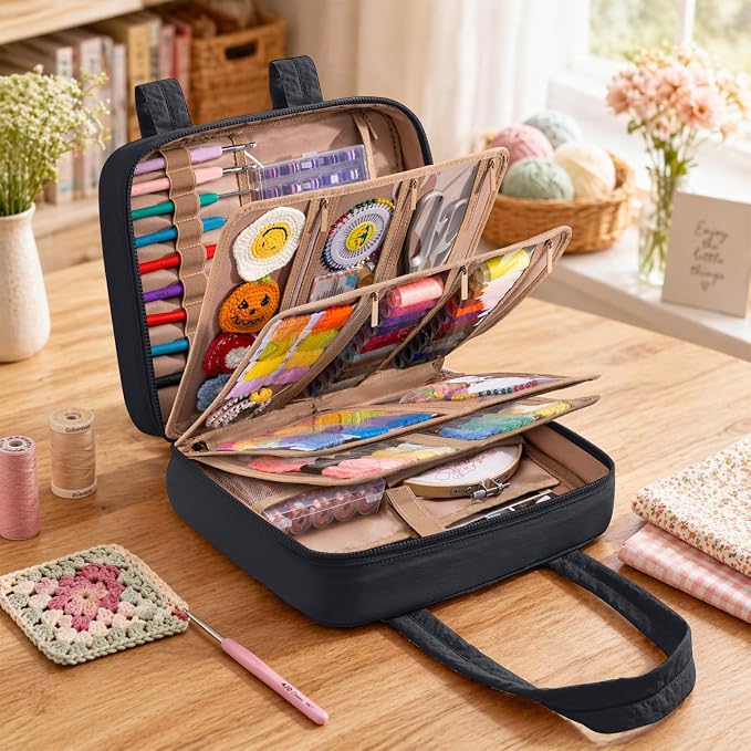 AMOIGEE Sewing Supplies Organizer Bag, Large Craft Storage Tote with 17 Clear Pockets&Tool Holders, Portable Crochet Knitting Embroidery Organizer Case for Threads, Hooks, Needles & Sewing Accessories - Image 7
