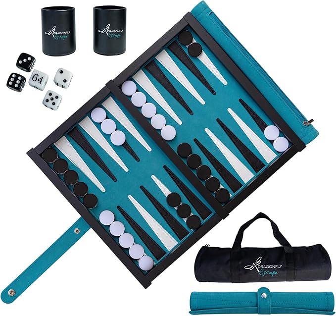 Travel Backgammon Set Deluxe – Roll-Up Board with Magnetic Wooden Frame, Dice Cups and Bag - Unique Travel Backgammon Set for Adults