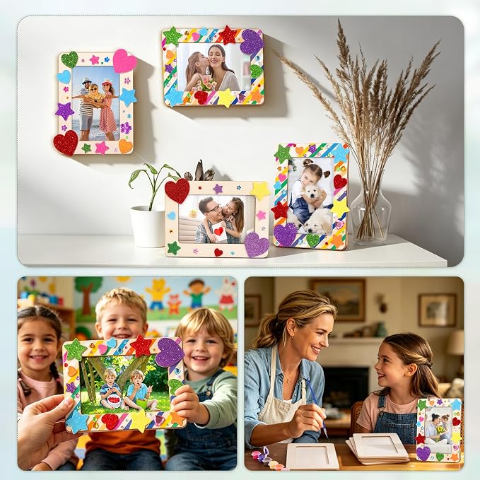Aneco 24 Pack Wooden Picture Frames for Crafts DIY Unfinished Painting Craft Kit with Acrylic Paint Foam Rhinestone Stickers Brushes Paintings Tools Set for Kids Painting, DIY Art Projects - Image 6