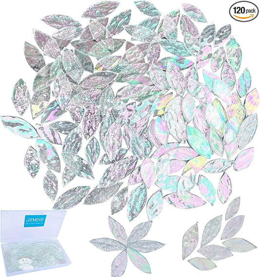 LITMIND 120 Pieces Iridescent Textured Transparent Mosaic Glass Petals & Leaves in 2 Sizes, Hand-Cut Stained Glass Mosaic Tiles for Crafts - Ideal for Mosaic Art Projects and Home Décor