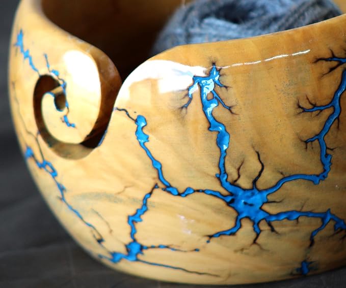 Lichtenberg Figure Yarn Bowl - Handmade Wooden Yarn Bowl for Knitting Yarn Ball Holder - Yarn Bowls with Holes Crochet Bowl Holder - Yarn Storage Bowl 7" x 4" inches (Blue-B) - Image 5