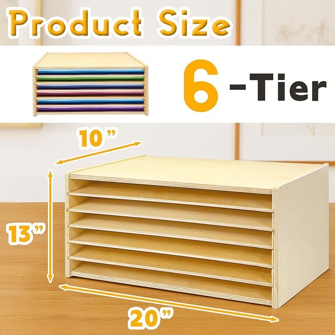 Construction Paper Organizer 20" x 13", 6-Tier Paper Storage Rack,Wooden Papers Storage Shelf for 12" x 18" and 9" x 12" Size Papers,Desk Organizer for Home Office - Image 3