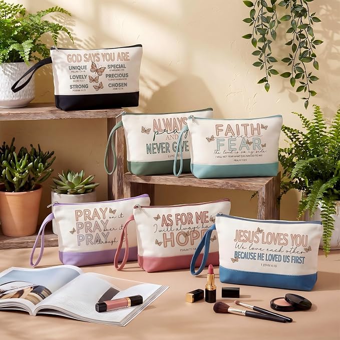 12 Pcs Jesus Canvas Makeup Bags with Zipper DIY Craft Morandi Cosmetic Bags Bulk Heat Transfer Travel Toiletry Pouch for Women Colleagues Friends Christmas Vacation - Image 2