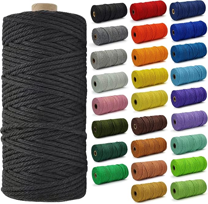 Macrame Cord - Natural Unbleached Macrame Rope - 4 Strand Twisted Cotton Rope for Wall Hanging，DIY Craft Making，Plant Hangers，Knotting Decorative Projects (Black, 4mm x 220Yards) by FocusoncottonHdviai