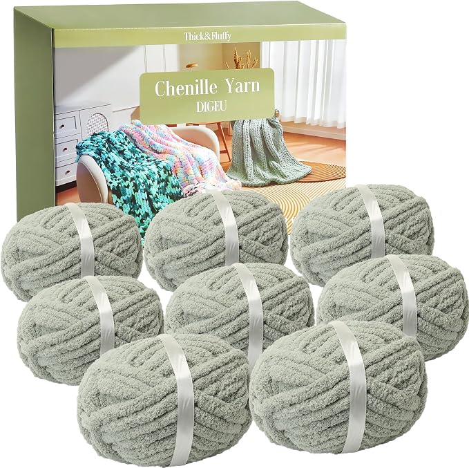 Chunky Chenille Yarn for Hand Knitting 8 Jumbo Pack Chunky Yarn for Hand Soft Blanket Knitting, Bulky Thick Fluffy Yarn for Crocheting (Sage Green) by DIGEU