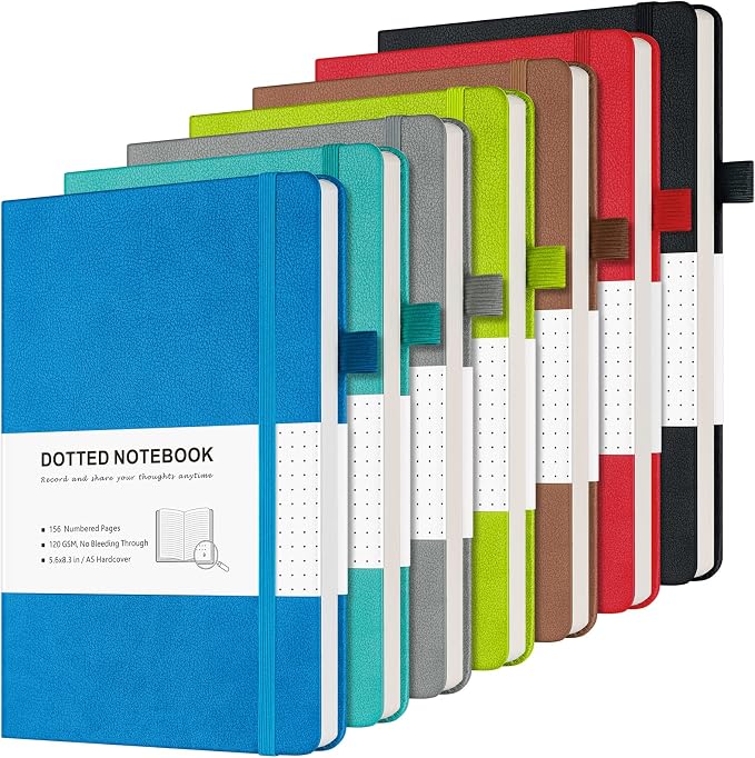 Hardcover Leather Dotted Journal Notebook, 120GSM Thick Paper,Numbered Page | 7 Pack Bullet Dot Grid Journal for Women Men, No Bleed Paper for Smooth Writing, Lay Flat, Durable for Daily Journaling, A5 by MALEDEN