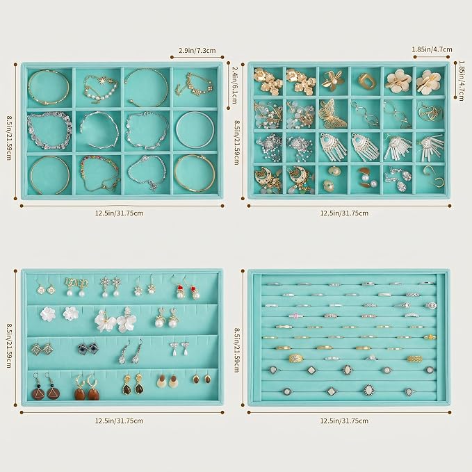 Jewelry Trays for Drawer,Set of 4 Jewelry Organizer and Storage | Velvet Material,Stackable,Adjustable Dividers,Drawer Inserts for Rings Studs Bracelet,Earring Organizer for Women Girls - Image 3