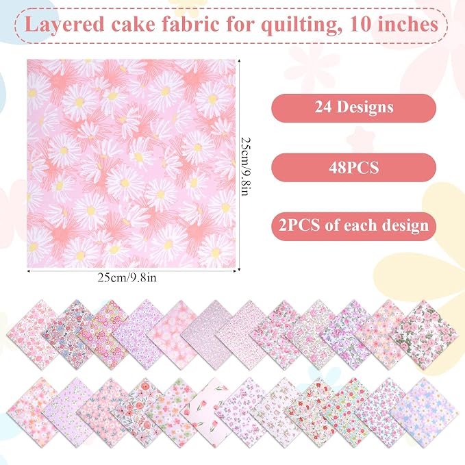 48 Pcs 10 x 10 Inches Pink Floral Cotton Fabric Bundles, Precut Pink Retro Floral Fabric Squares, Spring Quilting Patchwork, Flower Leaves Sewing Fabrics, Assorted Pattern Cloth for DIY Craft Handmade - Image 2
