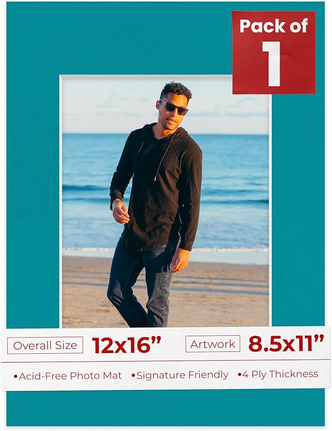8.5x11 Mat for 12x16 Frame - Precut Mat Board Acid-Free Teal Blue 8.5x11 Photo Matte For a 12x16 Picture Frame, Premium Matboard for Family Photos, Show Kits, Art, Picture Framing, Pack of 1 Mat by PosterPalooza