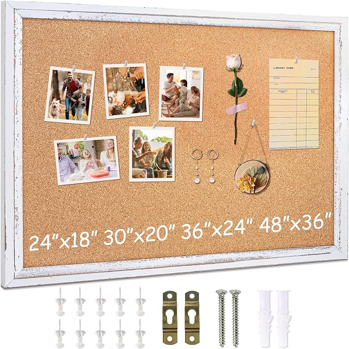 DOLLAR BOSS White Cork Board, 30" X 20" Rustic Framed Bulletin Board | Decorative Pin Board, Wall Hanging, For Office & Home Decor Memo Display, With Pins by DOLLARBOSS