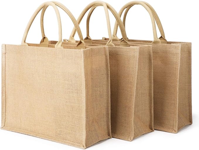 Segarty Tote Bags, 3 Pack Large Burlap Jute Reusable Canvas Gift Favors Bag with Handles Blank Tote Bulk for Bridesmaid Wedding, Women Market Grocery Shopping, Bachelorette Party, Beach Trip, DIY by Segarty
