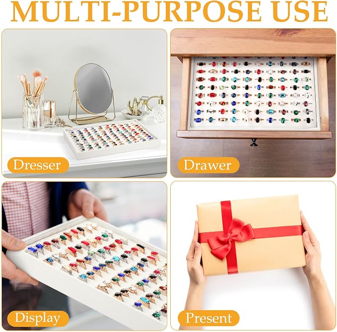 4 Pcs Beige Velvet Ring Display Tray Bulk Ring Board 100 Slot Insert | Stackable Ring Tray Pack 13.8 x 9.4 x 1.2 Inch, Cardboard Rings Holder, Ring Board for Vendors Rings Case Display for Jewelry - Image 7