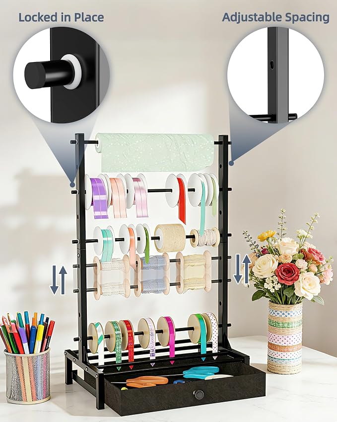 Ribbon Organizer with Fabric Drawer, Adjustable 5-Tier Ribbon Holder, Large Capacity Stable Ribbon Storage Rack for Craft Room, Gift Wrapping & Florist Supplies - Image 4