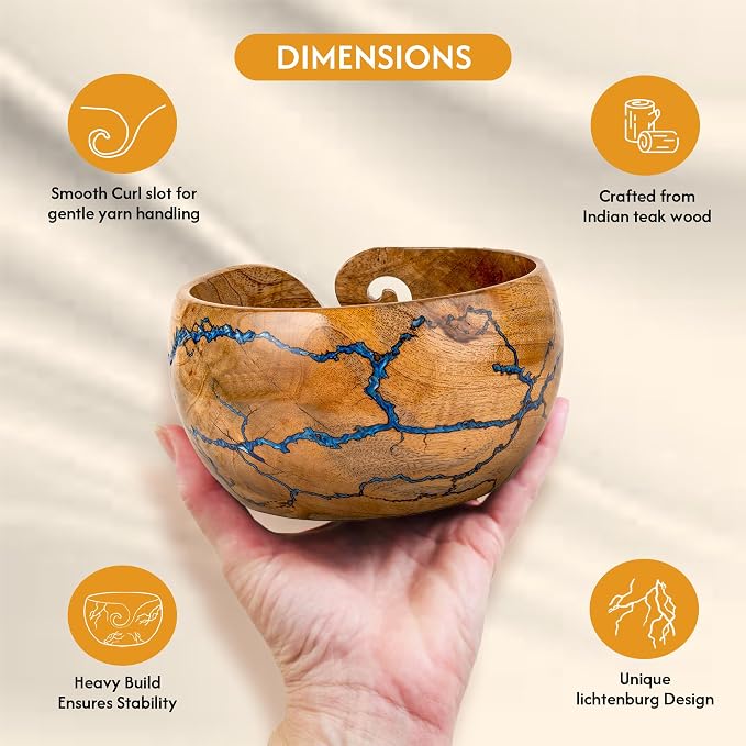Cute Wooden Yarn Bowl for Crocheting, 7x4inch Large Mango wood Crochet Holder Gift Accessories and Knitting Gadgets Supplies Handcrafted with Fractal Wood Burning & Blue Resin Inlay (M-Blue) - Image 8