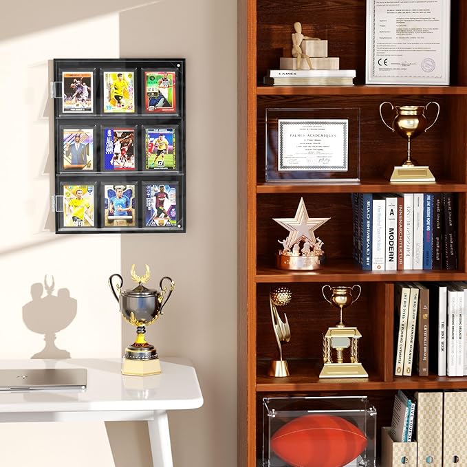 FEMELI Acrylic Baseball Card Display Case,Wall Mount Sports Cards Frame with UV Protection Magnetic Door Clear View,Trading Card Box with Pull Out for Football Basketball