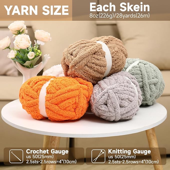 8 Pack Khaki Chunky Chenille Yarn for Crocheting, Blanket Extra Thick Yarn, Super Bulky Large Soft Fluffy Plush Fuzzy Thick Chenille Yarn-1 Pack of 226g/7.97oz- Knitting/Crochet-Khaki - Image 2