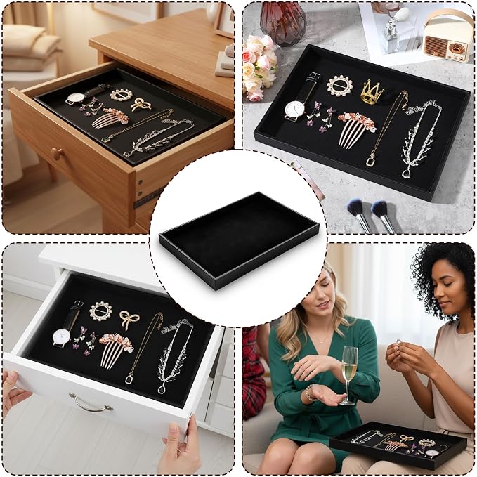 Kifmurase 6 Pack Velvet Jewelry Trays for Drawers, Black Jewelrys Display Tray Stackable Jewelry Organizer Trays Bracelet Ring Earring Necklace Organizer Empty Plate for Drawers Countertop - Image 7