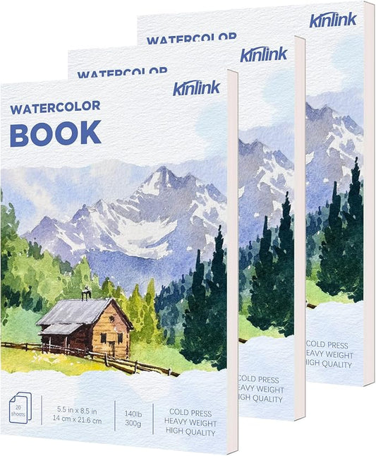 3 Pack Watercolor Paper Pad, 5.5x8.5 140lb/300g Water Color Paper, 20 Sheets Cold Press Drawing Painting Paper Sketchbook Notebook, Art Supplies for Watercolors Marker, Sketch Book for Kids Adults by KINLINK