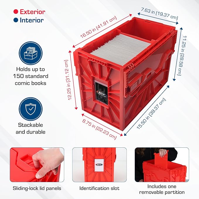 BCW Short Comic Book Bin | Holds 150 Comics | Stackable Plastic Storage | Acid-Free Organizer | Red, 5 Pack - Image 5