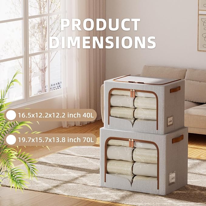 FHSQX 6 Pack Clothes Storage Bins with Metal Frame | Light Grey, 40L, 16.5x12.2x12.2 inch,Portable, Large Clear Window, Durable Handles, Foldable - Image 2