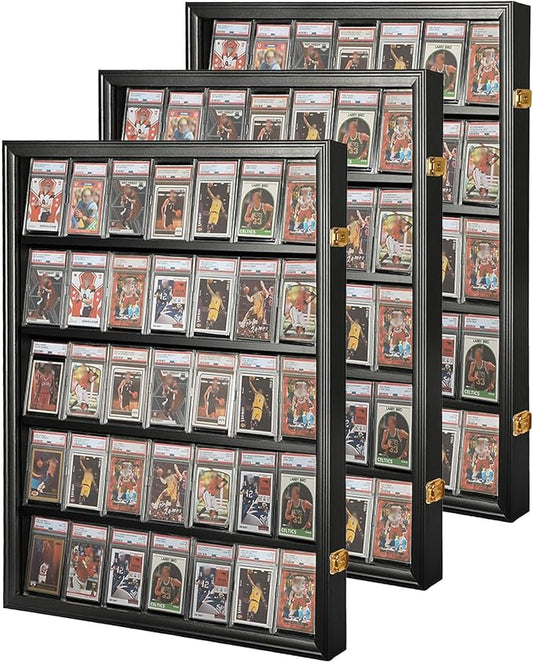 Graded Sports Card Display Case 3Pack- 35 Baseball Card Display Case - Lockable Sports Card Frame Wall Display with UV Protection for Hockey Football Basketball Cards,Black