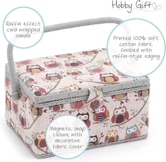 Hobby Gift Medium Sewing Box Organiser | Fabric Covered Storage Box, Handle, Internal Tray, Pin Cushion and Pocket, For Sewing, Quilting and Knitting Supplies - Image 4