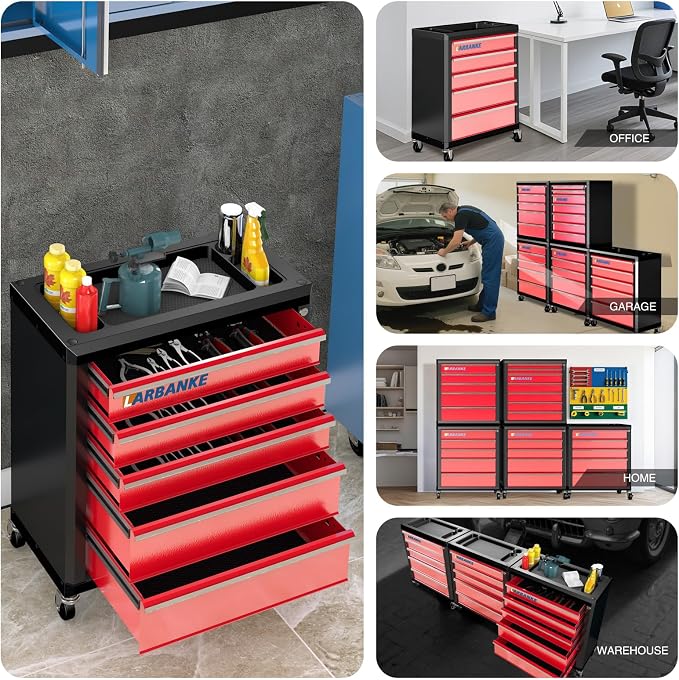 5 Drawer Rolling Tool Chest with Wheels,Lockable Tool Cabinet,Red | 360° Wheels with Brakes, Locking System, Waterproof Multifunction Top, Connect Rods for Stacking with Same Series Cabinet - Image 9