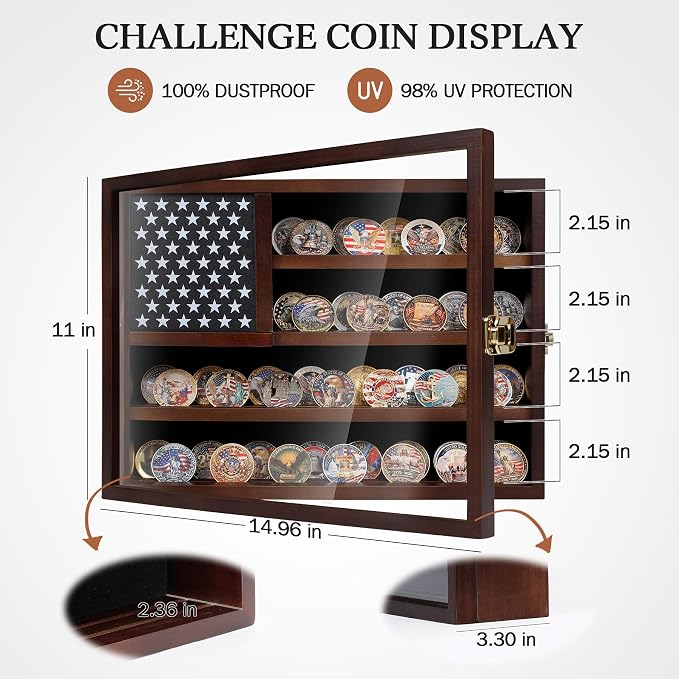 Walnut Colored Wooden America Flag Military Challenge Coin Display Case Holder，Challenge Coin Holder Display Case,15x11 Removable Star Board Hd Tempered Glass Door（Not Acrylic,Wall Mount. - Image 2
