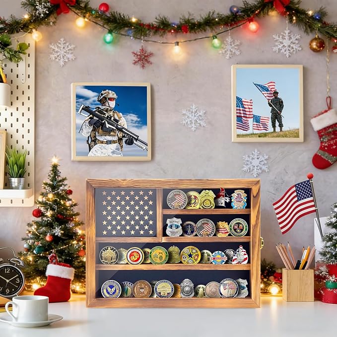 Challenge Coin Display, Solid Pine Wood Military Coin Holder Display, Holds Up to 65 Coins, Lockable Wall Mounted Coin Display Case with Removable Star Panel & Clear Acrylic Door - Image 3