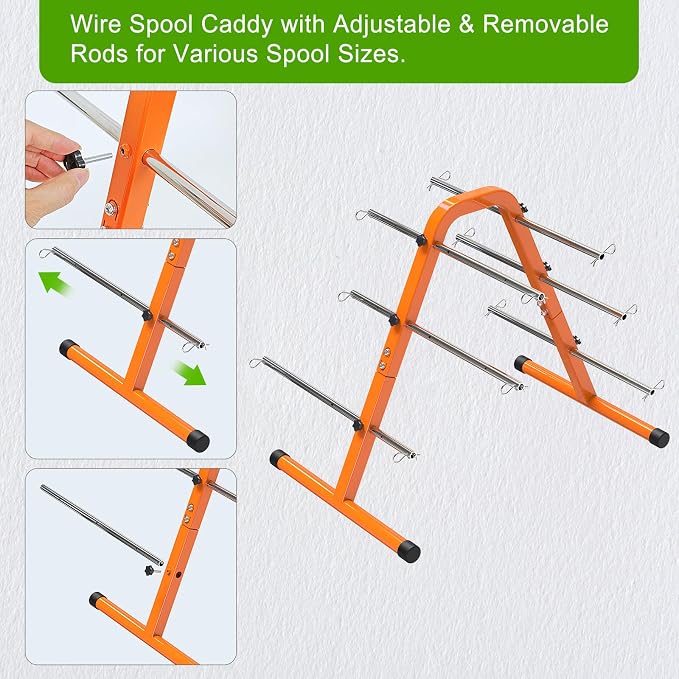 SELEWARE Portable Wire Spool Caddy, Cable Dispenser with 6 Adjustable Rods | Orange Electrical Wire Caddy, Heavy-Duty Steel Wire Spool Rack for Effortless Spool Storage & Dispensing - Image 4