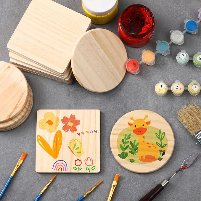 Hushee 72 Pcs Unfinished Wood Coasters 4 Inch Blank Wooden Coasters for Crafts with Non Slip Foam Pad Stickers Wooden Craft Tabletop Protection for Christmas DIY Painting Engraving Home Decoration - Image 5