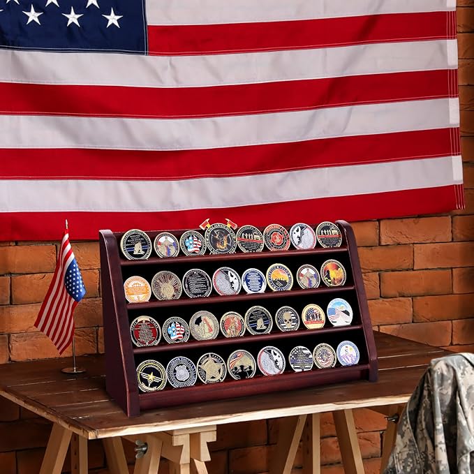 Challenge Coin Display Case, 4 Row Solid Wood Military Coin Holder Rack Stand Holds 30 Coins for Desk or Wall Mount, Coin Holders for Collectors (Mahogany Finish) - Image 5