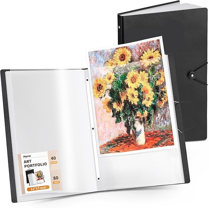 JoyCat 11 x 17 Art Portfolio Binder, 40 Pockets Display 80 Pages, Black | Acid free 40 pocket portfolio displays up to 80 pages and stores artwork, drawings, and presentations up to 11 x 17 in by JOYCAT