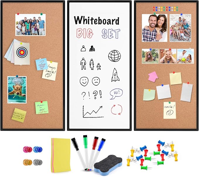 Cork Board and Whiteboard Combination Board, Black, 3-Pack 12" X 24" | Dual Purpose Bulletin Board and Dry Erase Board, Supports writing and pinning photos, designed for home, office and classroom by KKYSHop