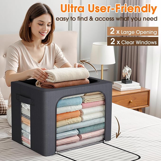 4 Pack Clothes Storage Bins with Metal Frame, Light Grey, 40L | Foldable Storage Boxes with Clear Window, Front & Top Zipper Openings, Stackable Organizer with Handles for Closet & Bedroom - Image 5