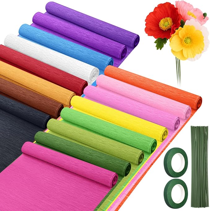 Humyoun 16 Rolls Crepe Paper Streamers 16 x 98 Inch Colorful Crepe Paper Sheets with Floral Stem Wires & Floral Tapes for Flower Making DIY Crafts Birthday Wedding Decoration (Vibrant Color) by Humyoun