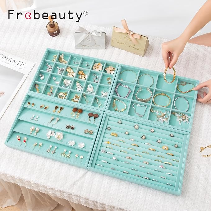 Jewelry Trays for Drawer,Set of 4 Jewelry Organizer and Storage | Velvet Material,Stackable,Adjustable Dividers,Drawer Inserts for Rings Studs Bracelet,Earring Organizer for Women Girls - Image 8
