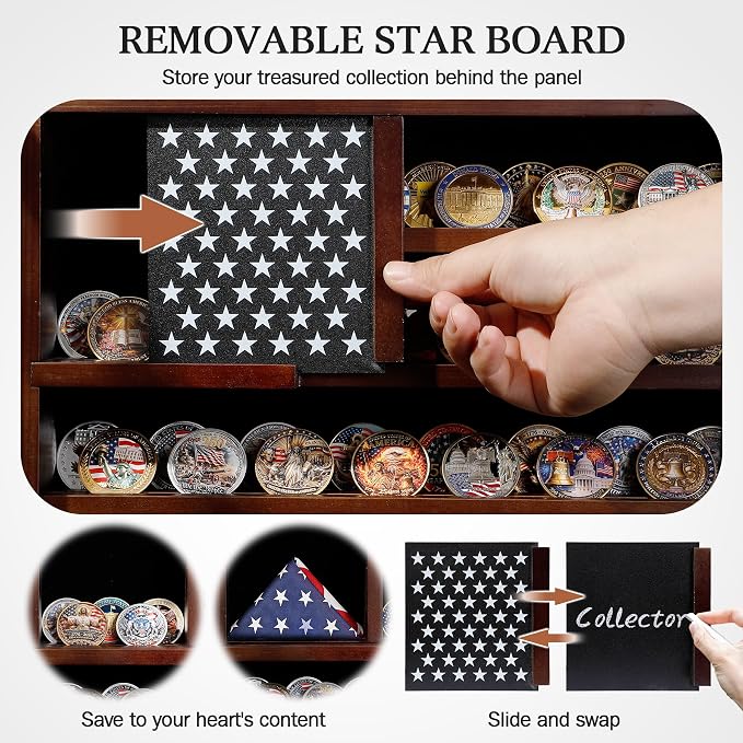 Walnut Colored Wooden America Flag Military Challenge Coin Display Case Holder，Challenge Coin Holder Display Case,15x11 Removable Star Board Hd Tempered Glass Door（Not Acrylic,Wall Mount. - Image 6