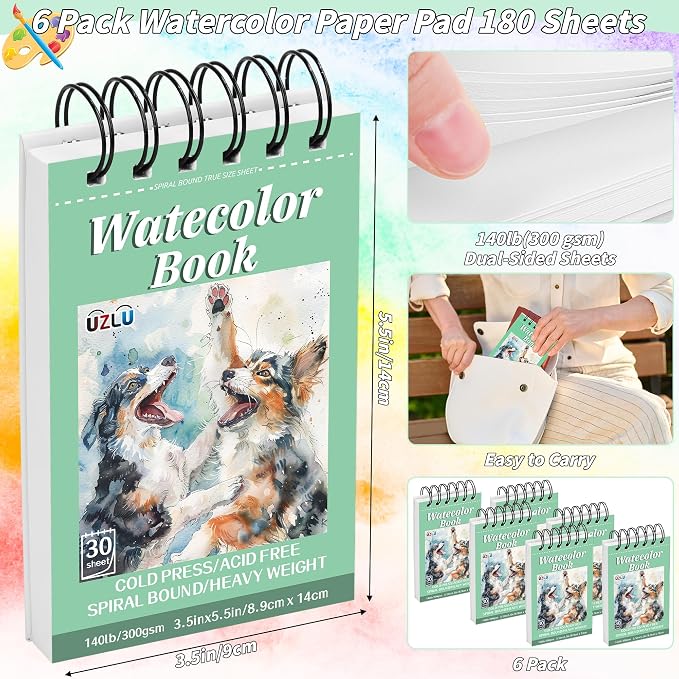 6 Pack Watercolor Paper Pad, 3.5x5.5 Inch Water Color Paper, 140lb/300gsm, Cold Press, Acid-Free, 180 Sheets Spiral Bound Watercolor Paper Pad for Wet & Dry Media, Ideal for Adults, Artists - Image 2