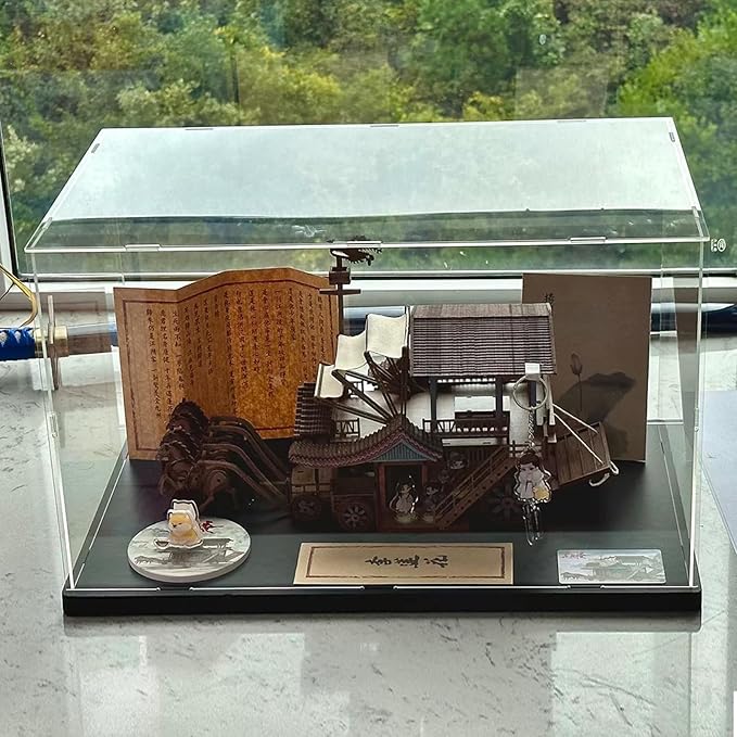 Clear Acrylic Display Case for Collectibles Assemble Transparent Acrylic Box Dustproof Protection Showcase with Black Wood-Plastic Base and Lamp Beads,Inside 7.9x3.9x3.9inch