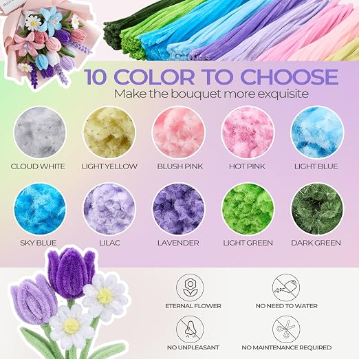 Libima 3800 Pcs Pipe Cleaners Bulk 10 Colors Chenille Stems Craft Supplies 12" Long Fuzzy Sticks 6 mm Teacher Welcome Back Gifts DIY Flower Kits for Art Bouquet Creative Activity Decor (Bright) - Image 2
